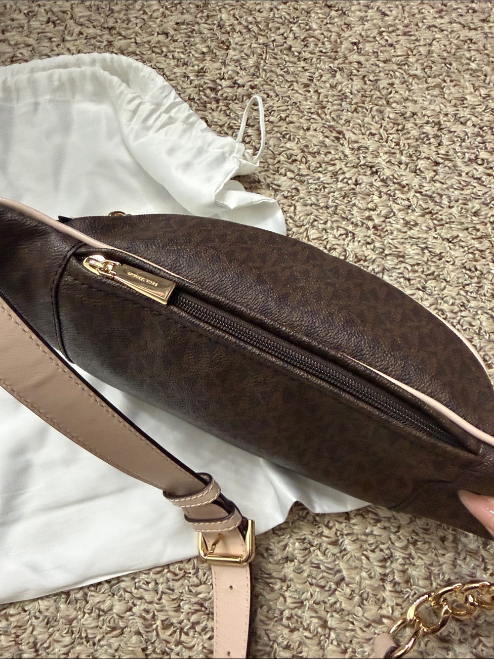 Michael Kors Brown Monogram Crossbody Belt Bag with Gold Hardware and pink Trim - Picture 4 of 9